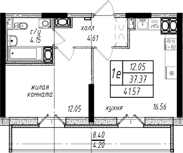 1-комнатная квартира 41.57 м², 21/25 эт., ЖК «Северная Долина»